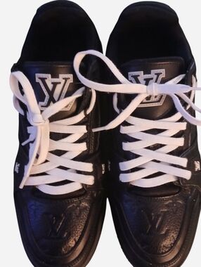 Authentic Louis Vuitton Black Leather Low-Top Sneakers with White Laces
